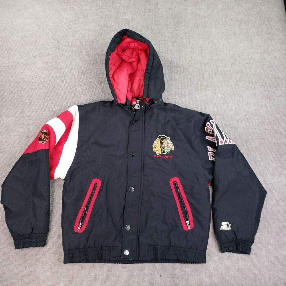 Vtg Starter Jacket Chicago Blackhawks Mens Size Small Black Split 90's Throwback